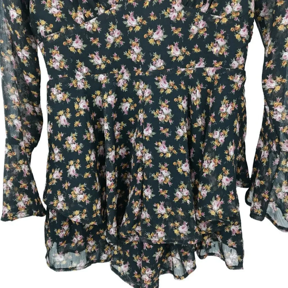 Altar'd State Floral Sheer Shorts Romper Size M Metallic Ruffle Bell Sleeve